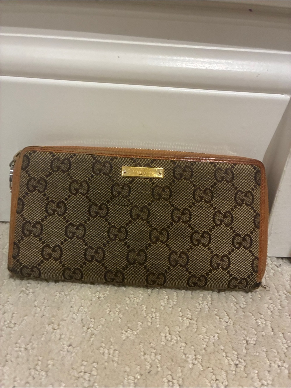 GUCCI Vintage GG Canvas Zip Around Continental Wallet Cognac Brown👝